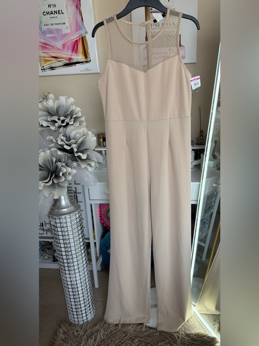Sleeveless Mesh-Yoke Wide-Leg Jumpsuit in Blush